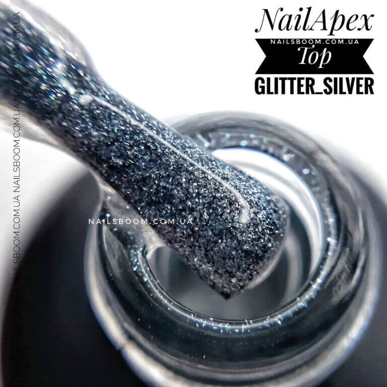 Гліттерний топ NailApex Top Glitter Silver, 15 мл
