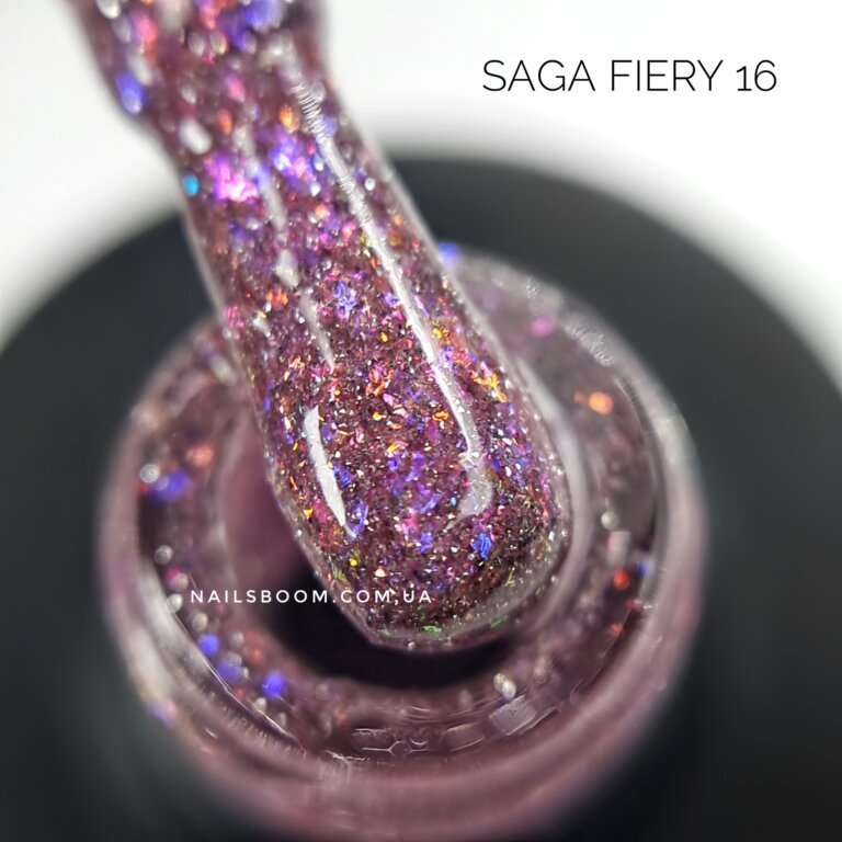 Світловідбиваючий гель-лак Saga Fiery 16 (полуничний з блискітками), 10 мл
