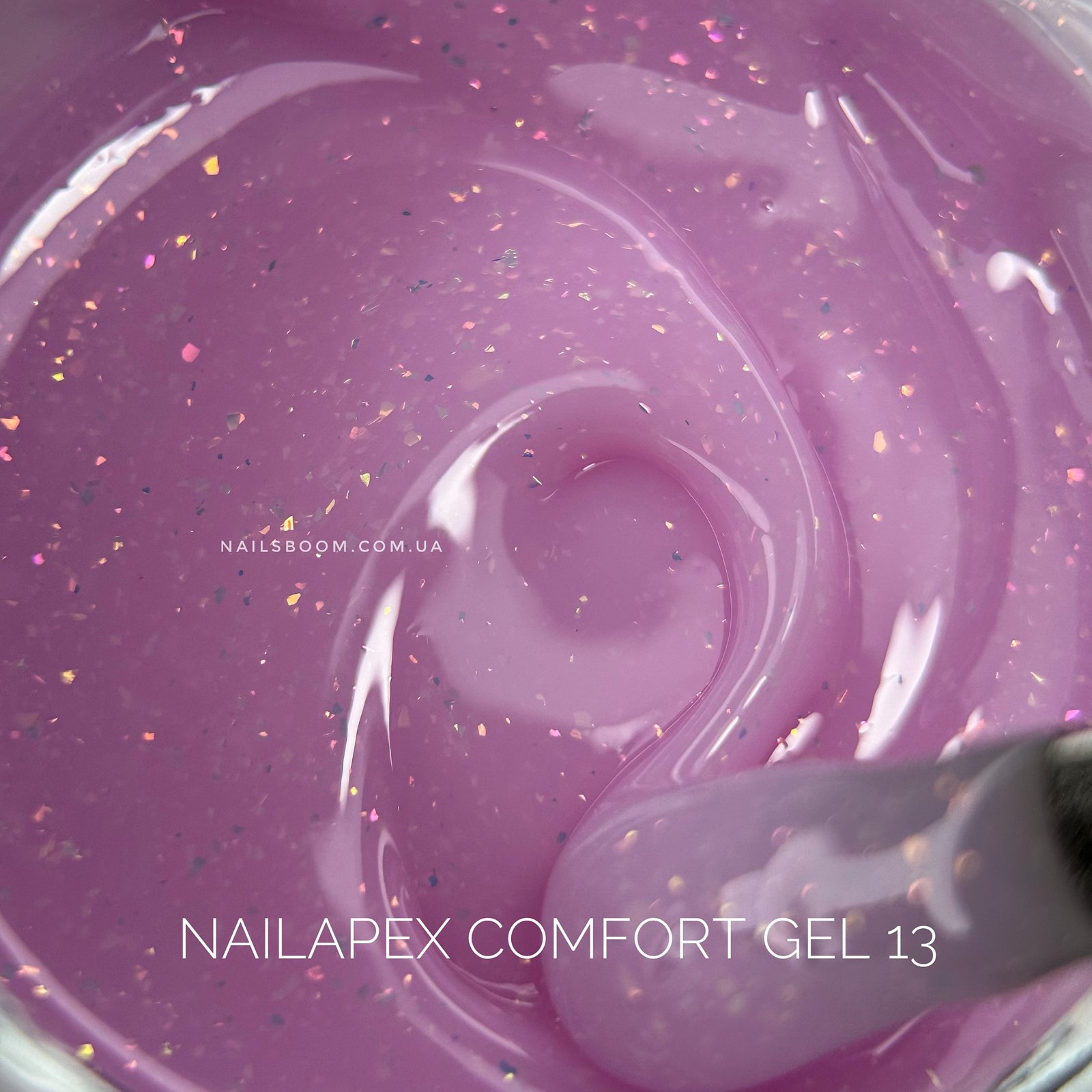 Гель NailApex Comfort Builder Gel №13 (холодно-рожевий із мілкими золотистими хлоп'ями юкі), 30 мл