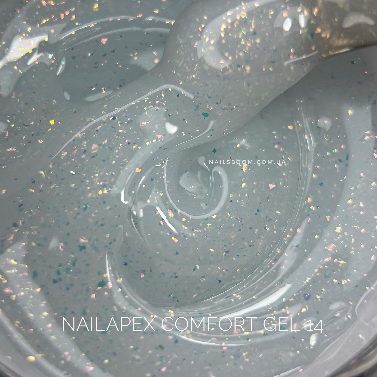 Гель NailApex Comfort Builder Gel №14 (прозоро-молочний із мілкими золотистими хлоп'ями юкі), 30 мл